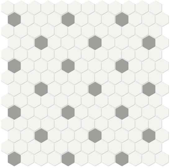 1" White w/ Taupe Matte Hex Mosaic | Quality Carpet Inc.